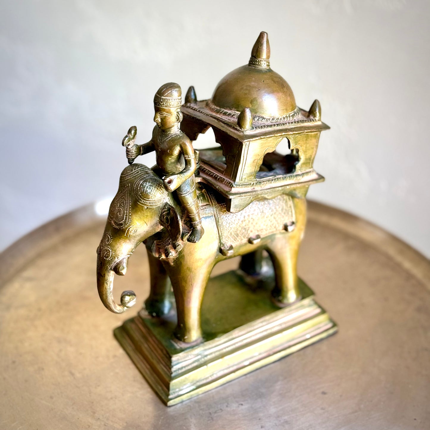 Brass Elephant Figurine with Rider and Pavilion