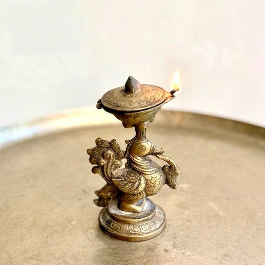 Rare Vintage Brass Peacock Diya & Incense Holder
