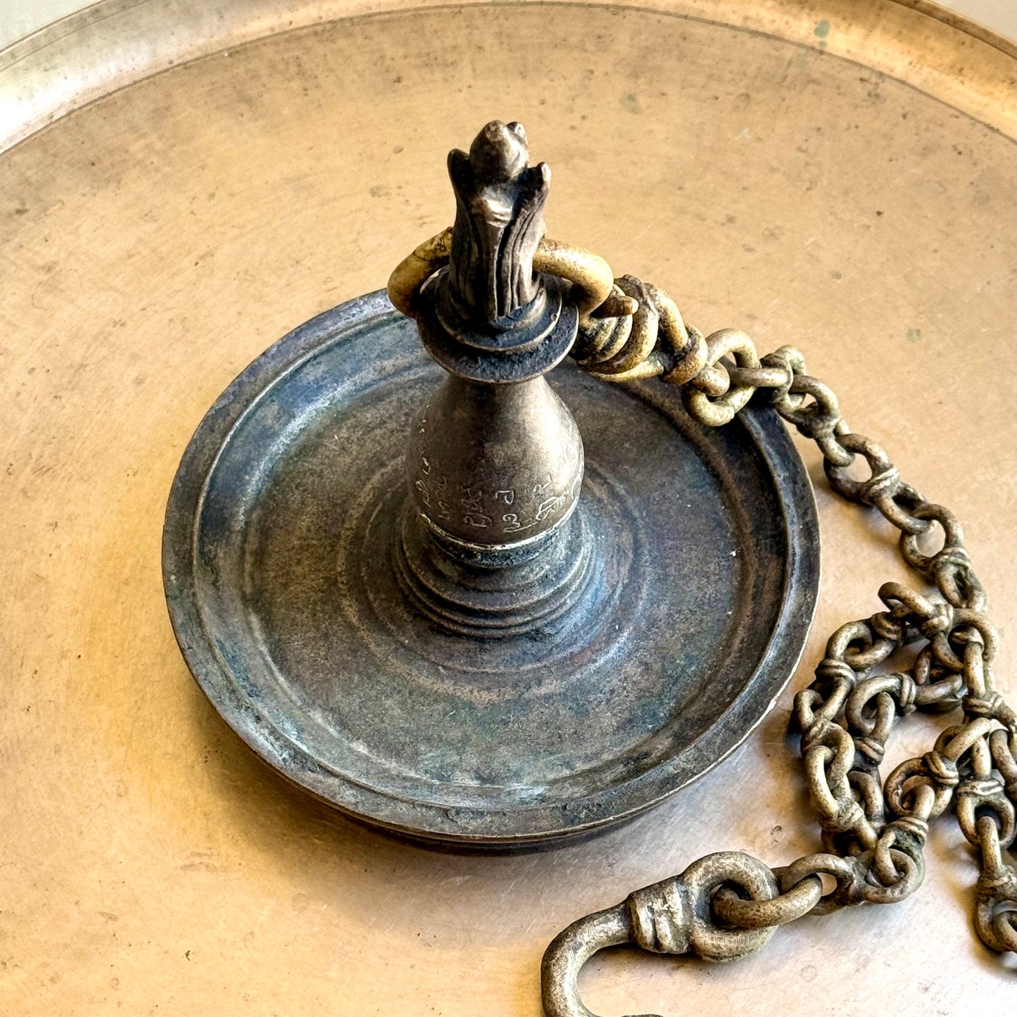Antique Lotus Bud Bronze Oil Lamp – Kerala (Ca. 1850)| Vattezhuthu Inscription