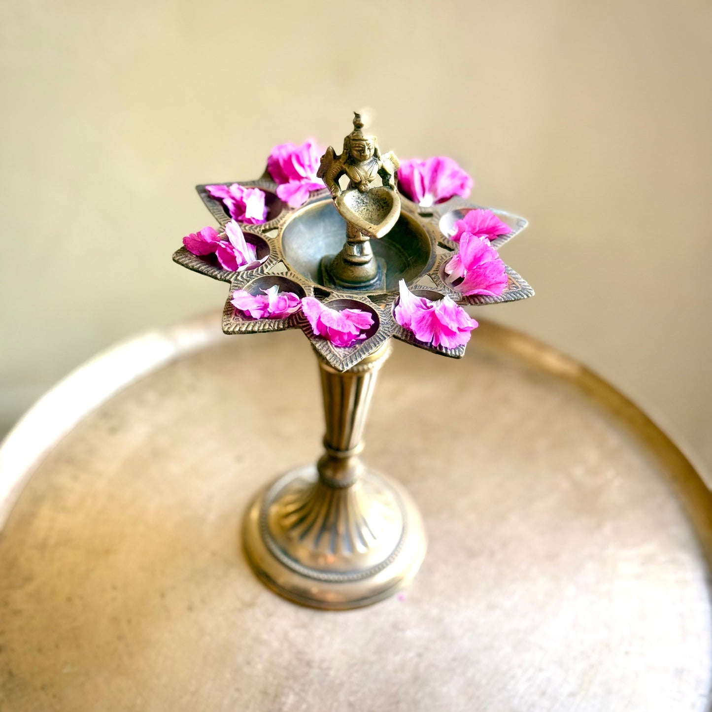 Brass Diya with Floral-Shaped Nine Wicks