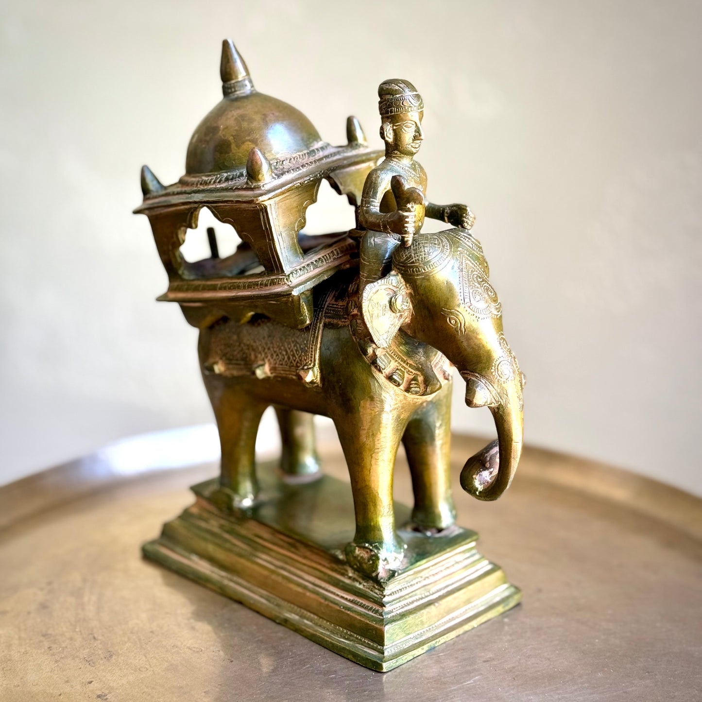 Brass Elephant Figurine with Rider and Pavilion