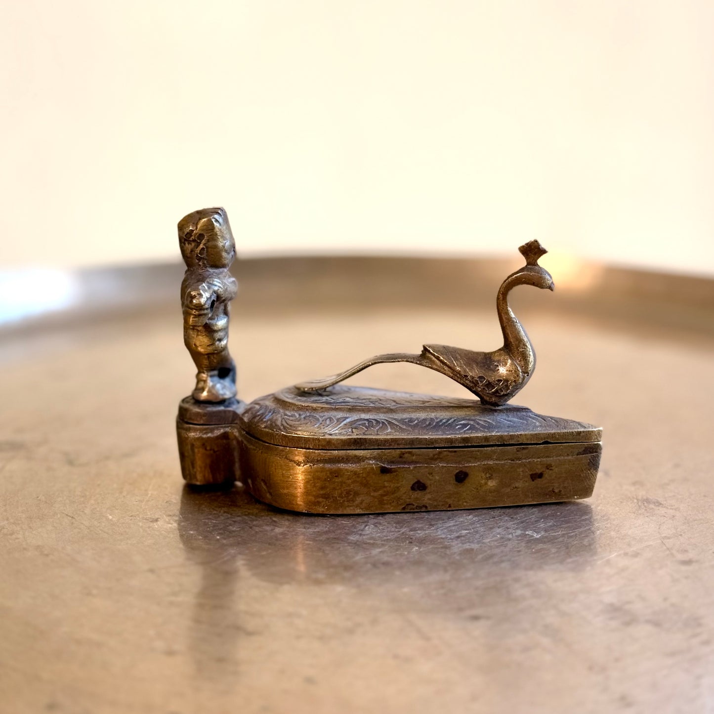 Vintage Brass Kumkum Box – Baby Krishna & Peacock