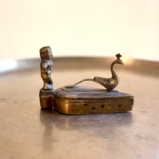 Vintage Brass Kumkum Box – Baby Krishna & Peacock