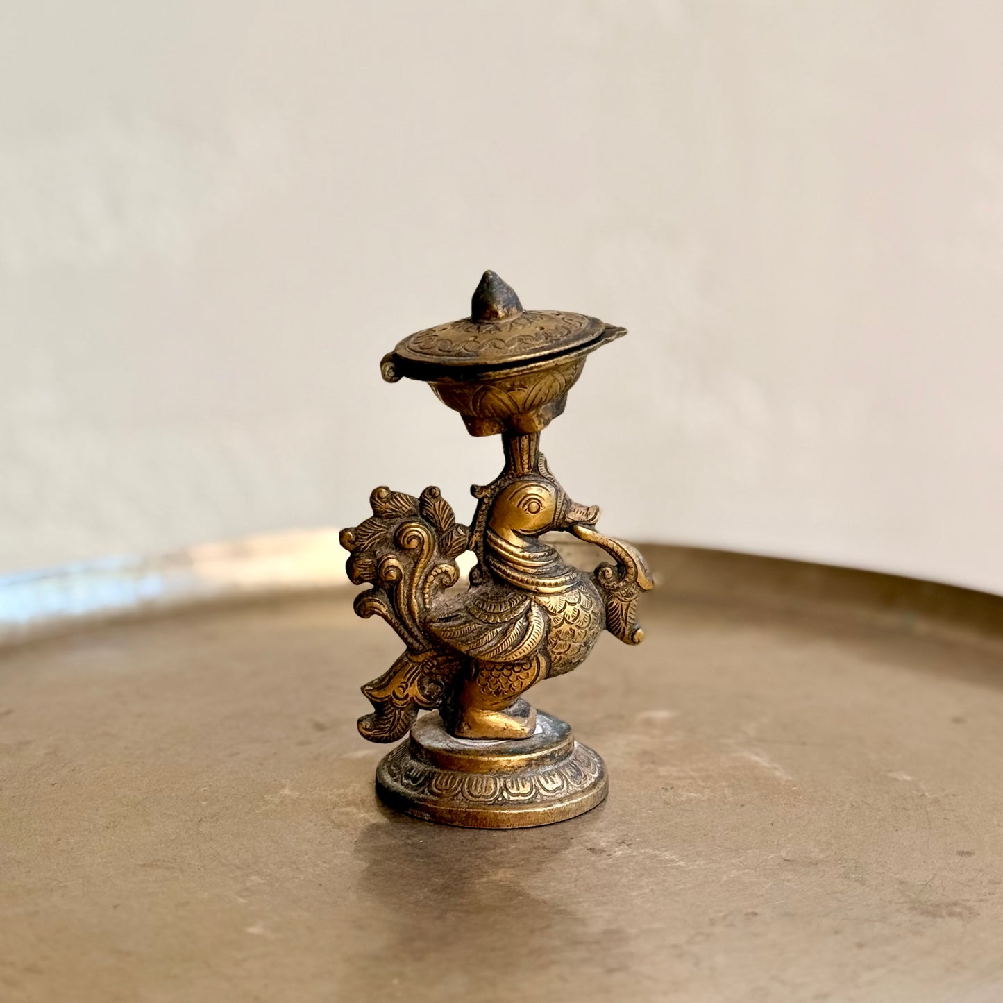 Rare Vintage Brass Peacock Diya & Incense Holder