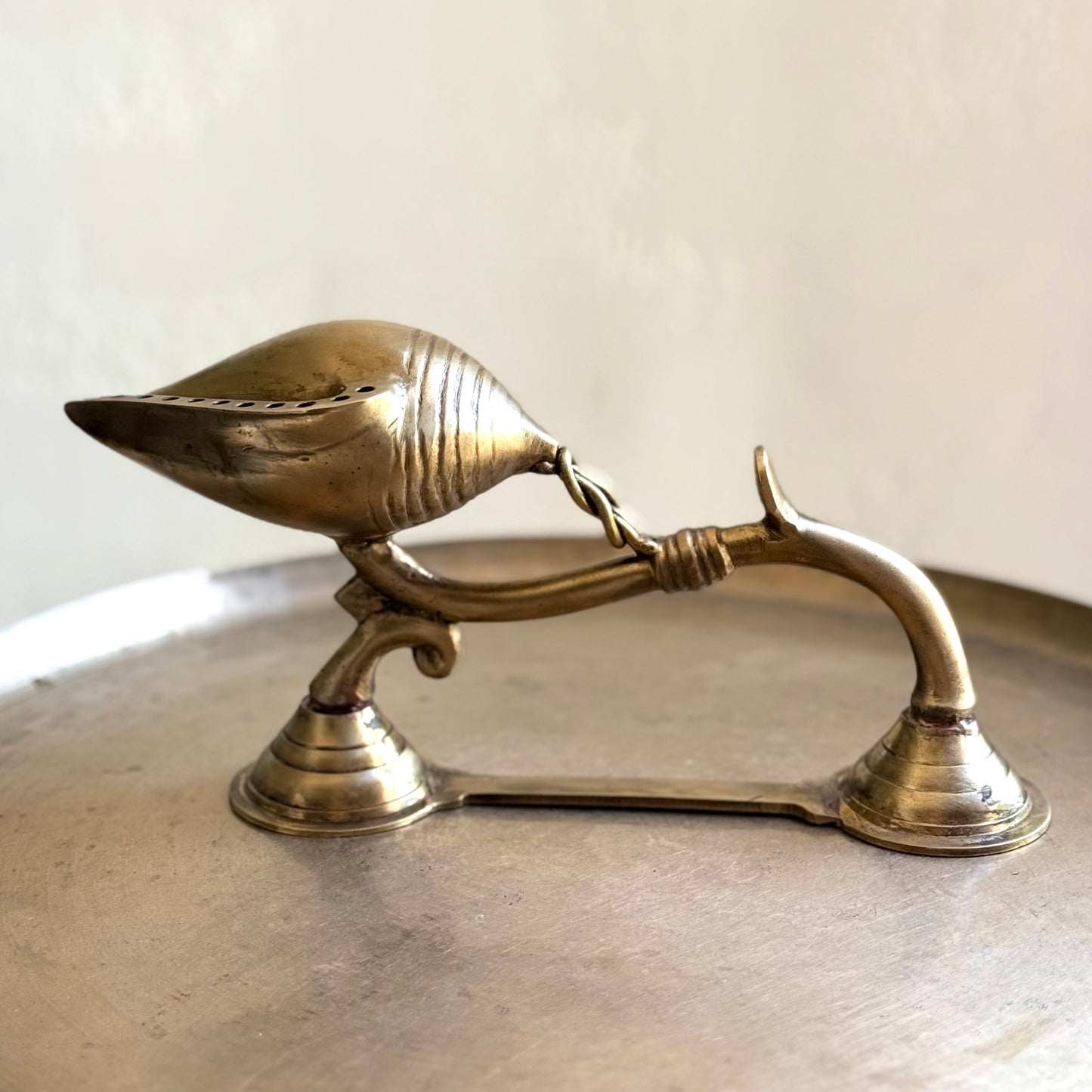 Handcrafted Brass Shankha Incense Holder with Integrated Handle