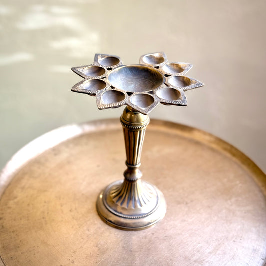 Brass Diya with Floral-Shaped Nine Wicks
