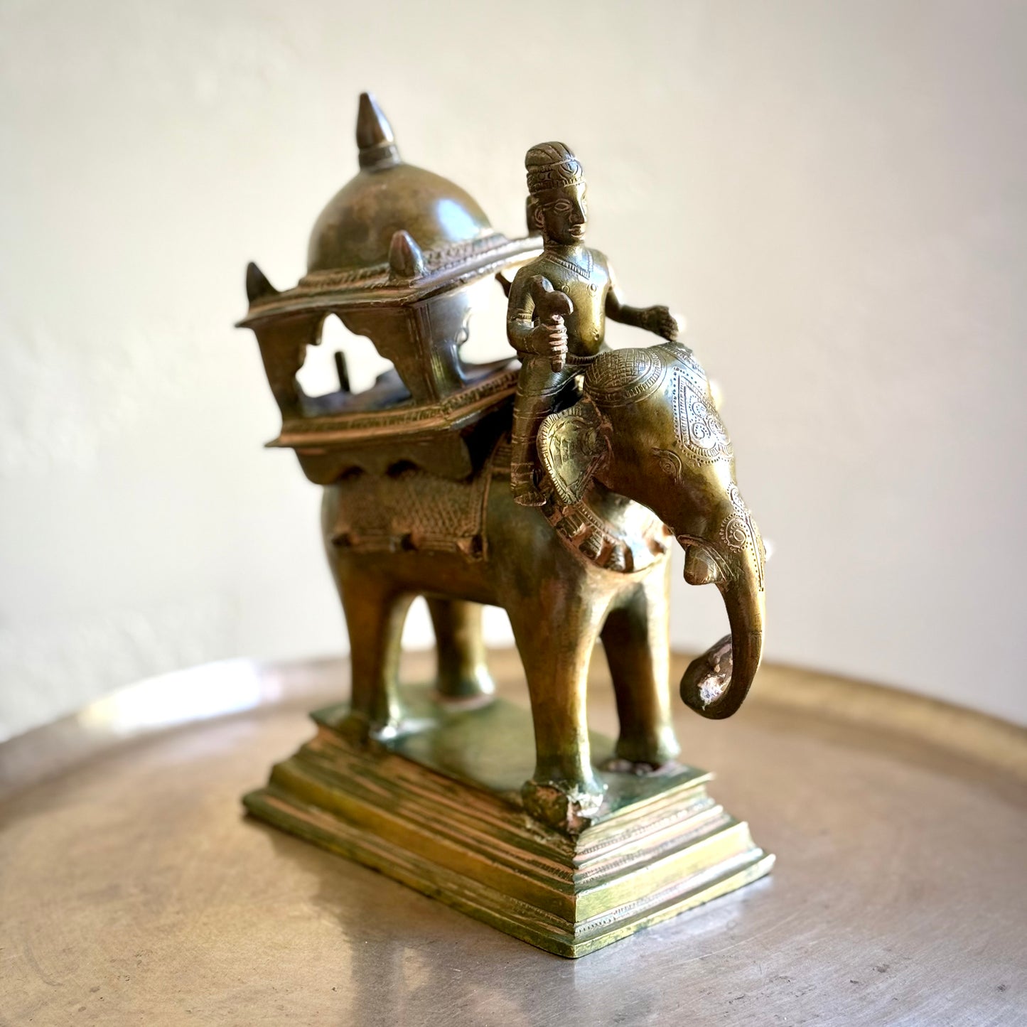 Brass Elephant Figurine with Rider and Pavilion