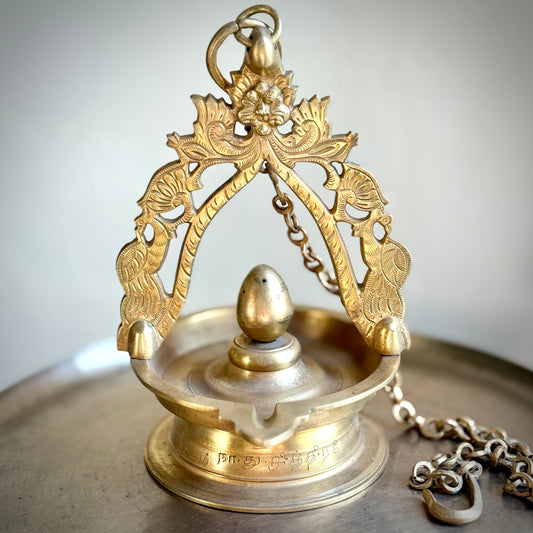 Vintage Brass Hanging Lamp with Shiva Lingam & Prabhavali