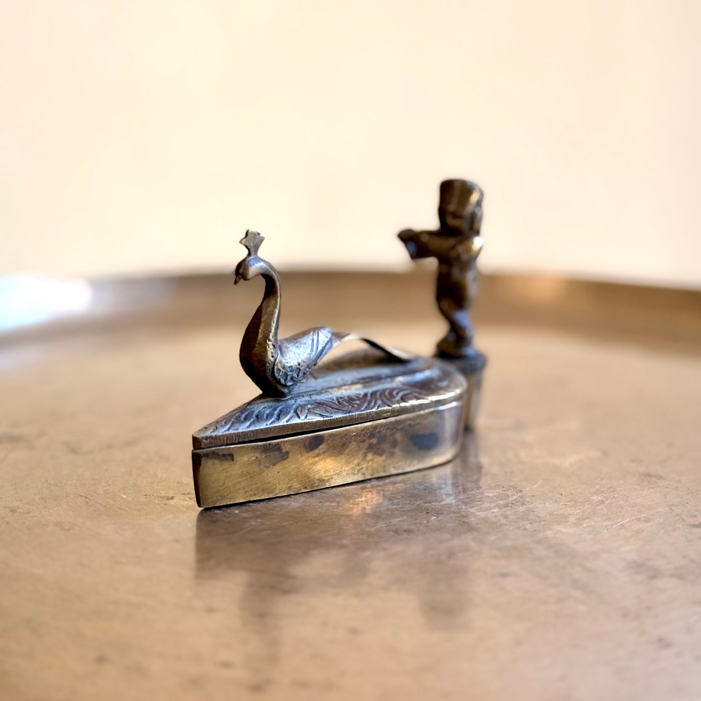 Vintage Brass Kumkum Box – Baby Krishna & Peacock