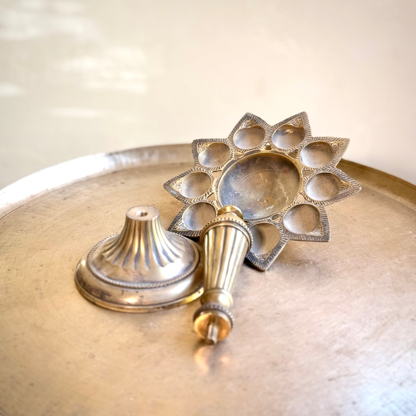 Brass Diya with Floral-Shaped Nine Wicks