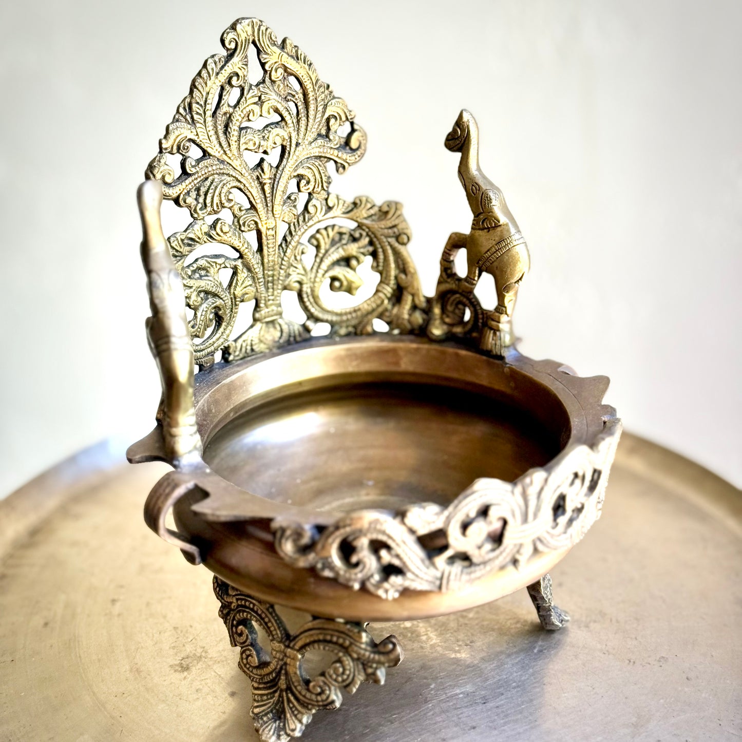 Twin Elephants Brass Urli – Vintage Temple Art Form
