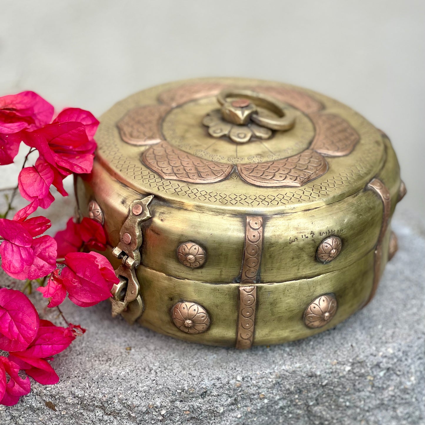 Brass-Copper Floral Chapati Box