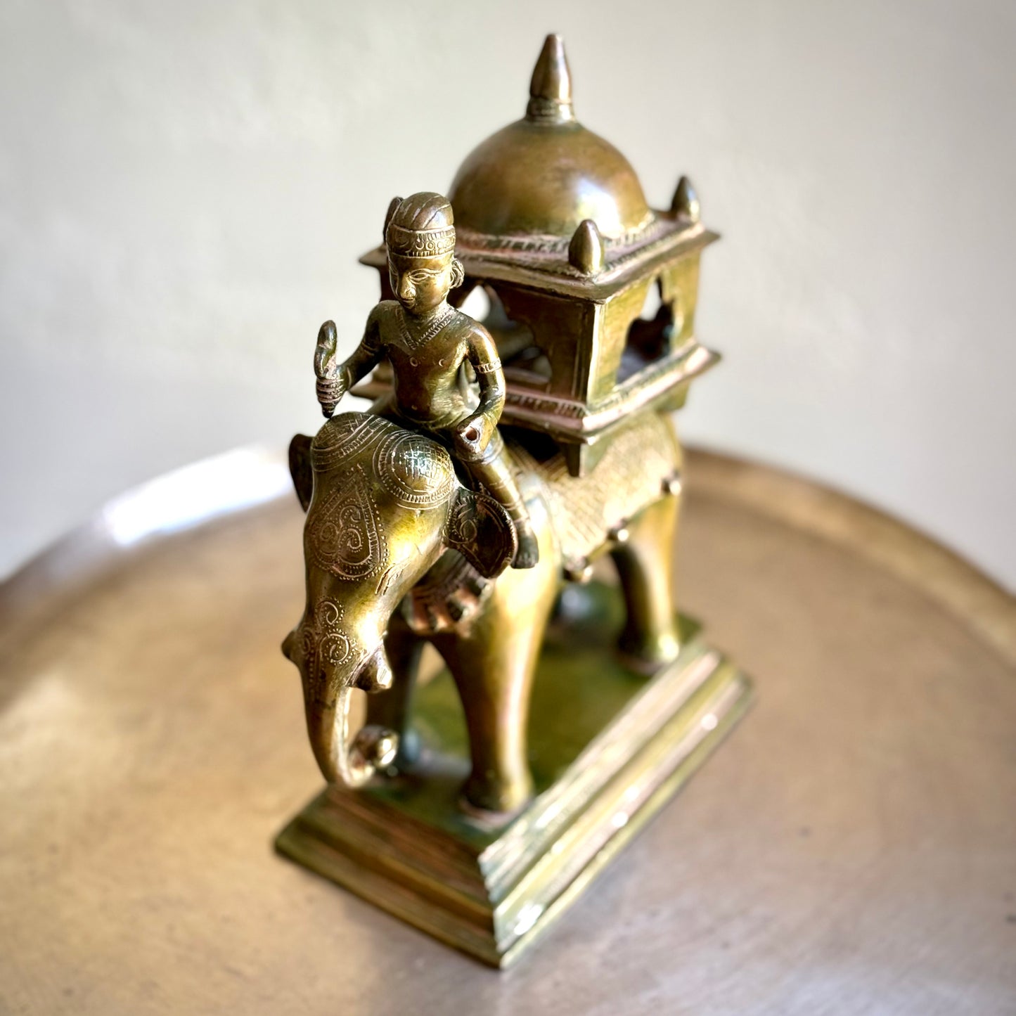 Brass Elephant Figurine with Rider and Pavilion