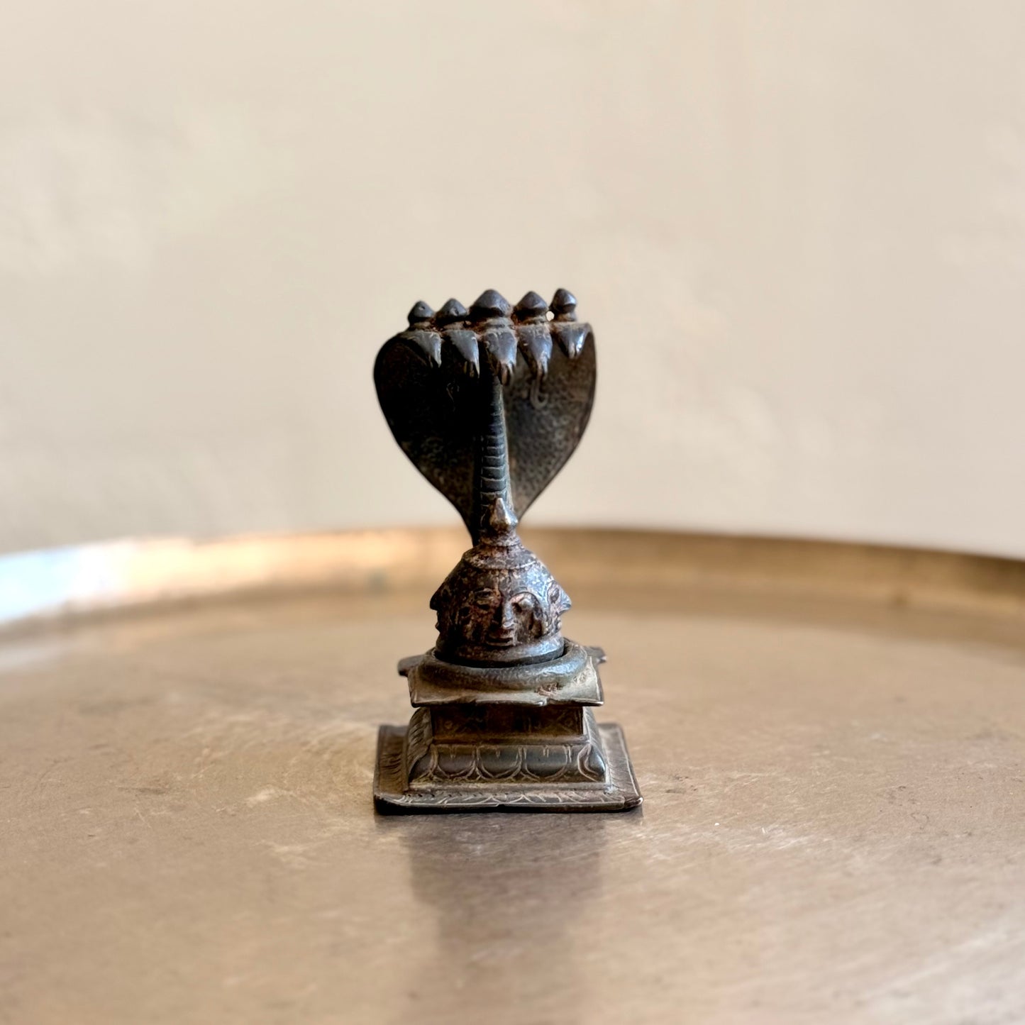 Antique Four-Sided Mukhalinga in Bronze with Naag-Peetha (Early 20th Century)