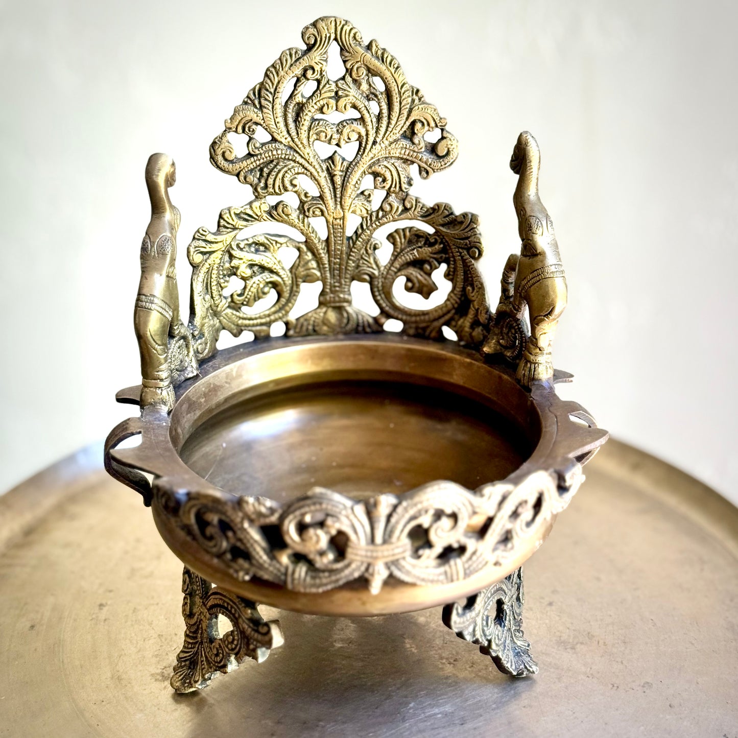 Twin Elephants Brass Urli – Vintage Temple Art Form