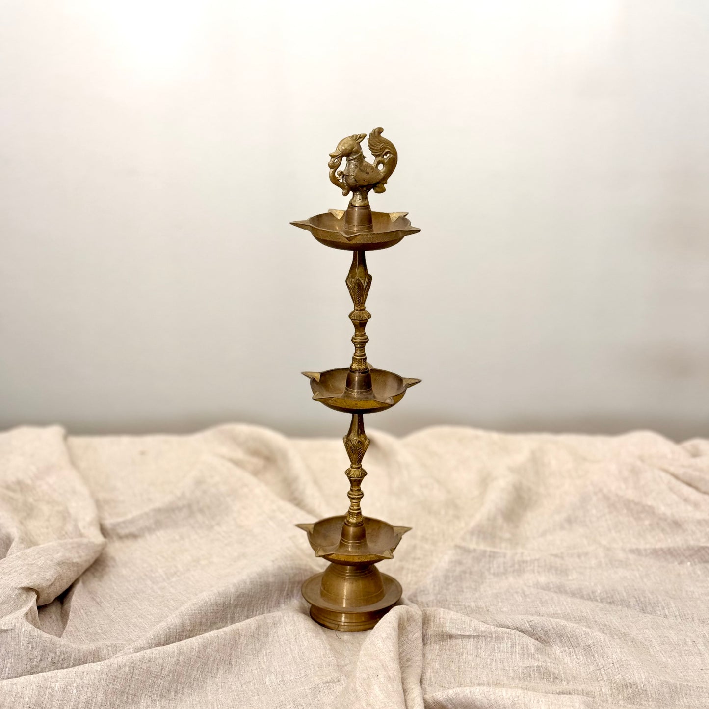 Three-Tier Brass Vilakku with Annapakshi