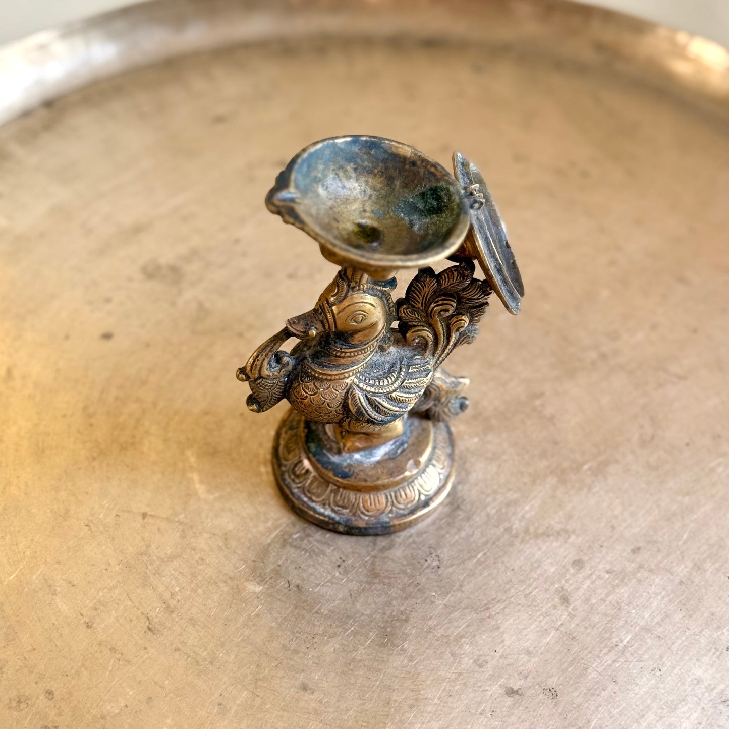 Rare Vintage Brass Peacock Diya & Incense Holder