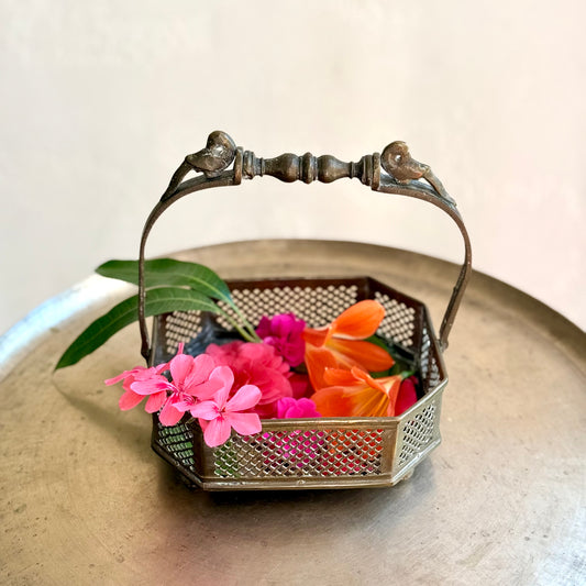 Antique Bronze Flower Basket with Bird Motifs - Tamil Nadu (Early 20th Century)