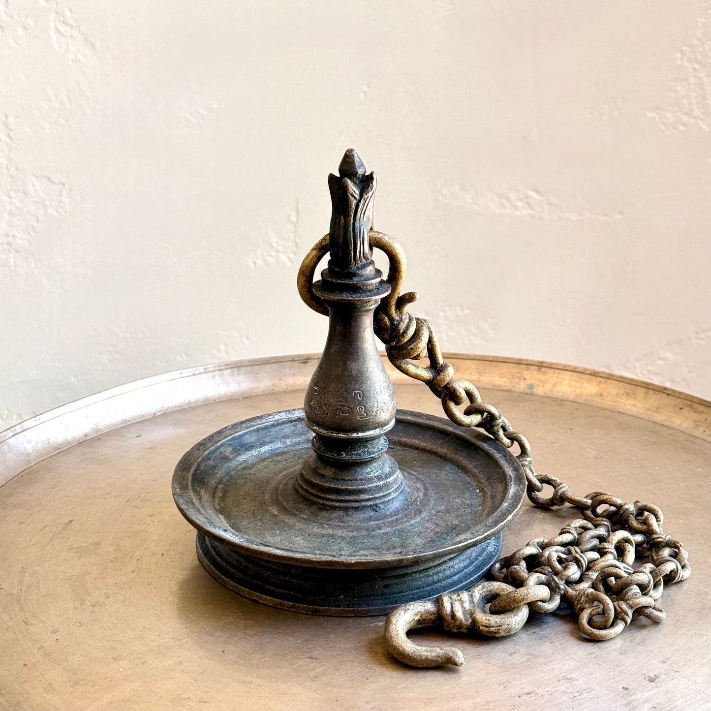 Antique Lotus Bud Bronze Oil Lamp – Kerala (Ca. 1850)| Vattezhuthu Inscription