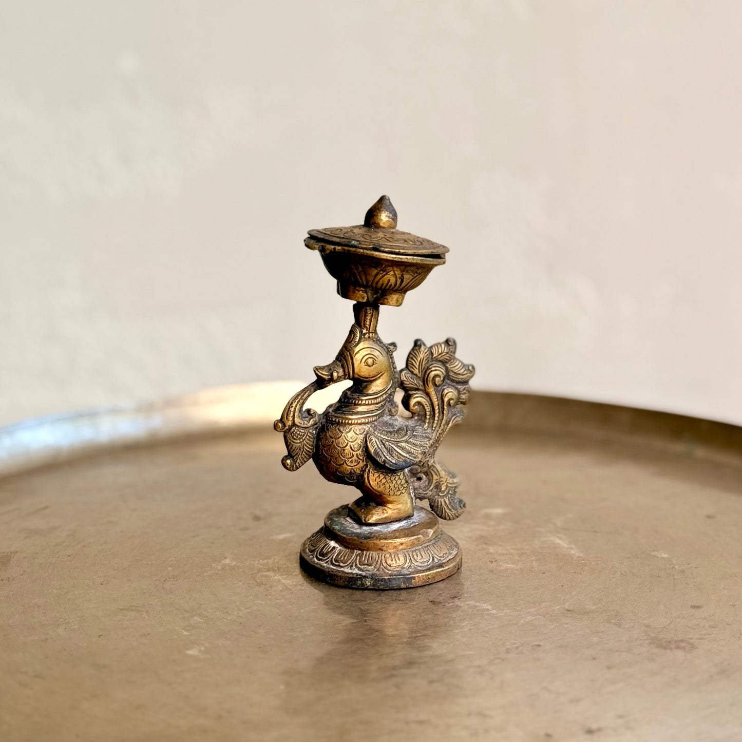 Rare Vintage Brass Peacock Diya & Incense Holder