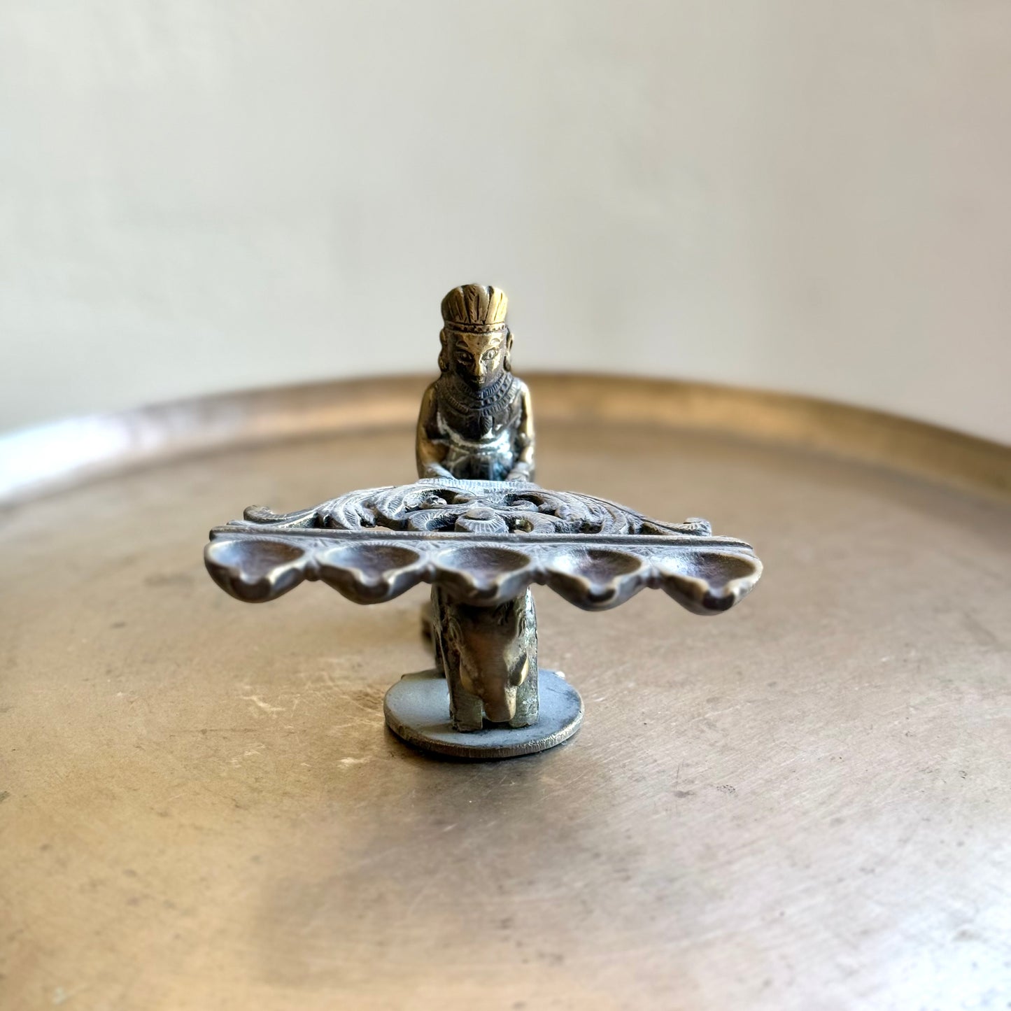 Brass Arti Diya – Five-Wick Plate on Elephant Base