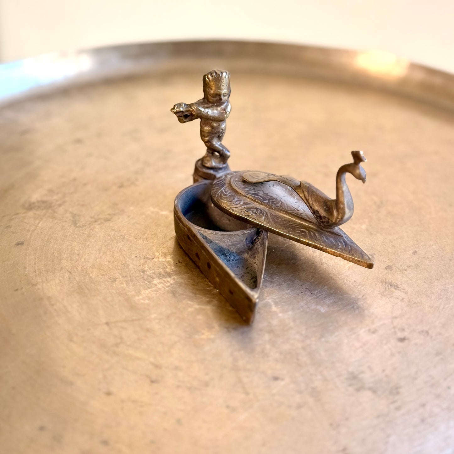 Vintage Brass Kumkum Box – Baby Krishna & Peacock