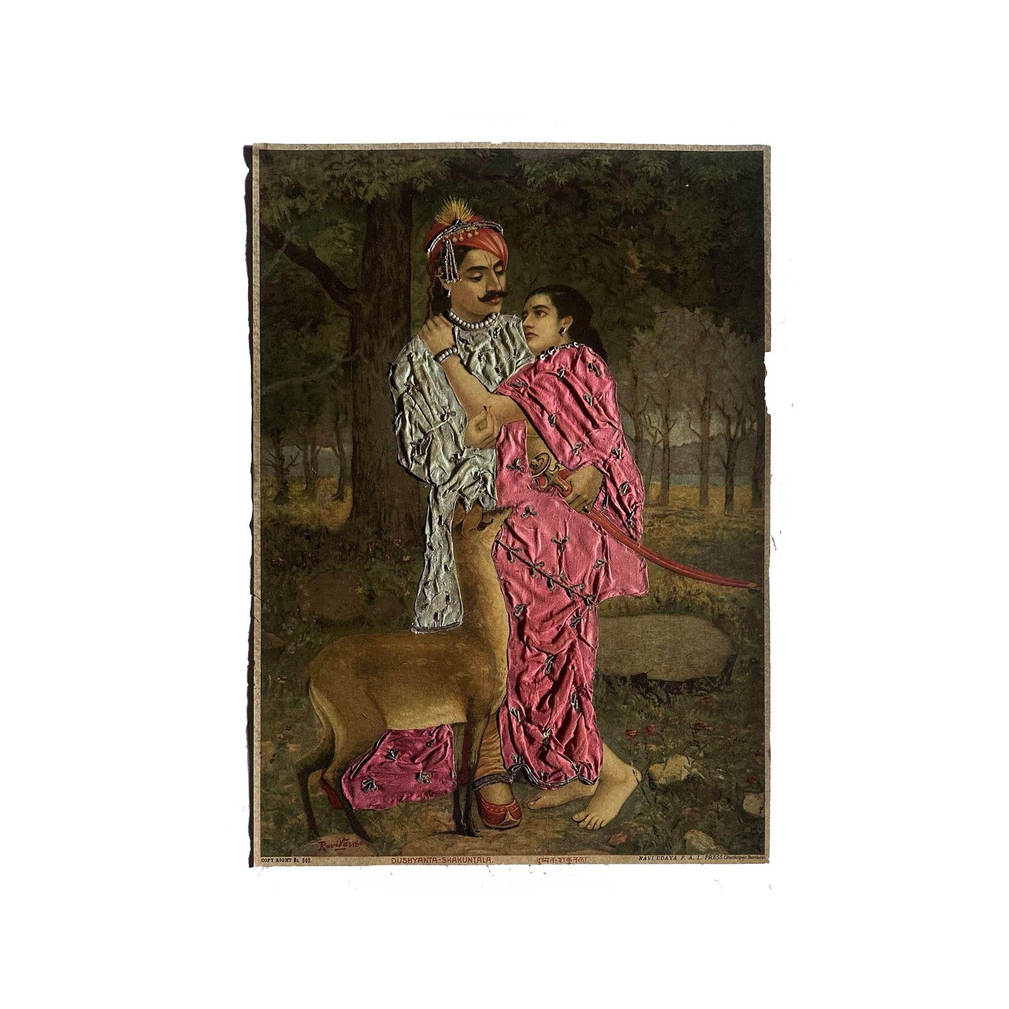 ‘Dushyanta-Shakuntala’  Raja Ravi Varma Lithograph (Embellished Edition, extremely rare)
