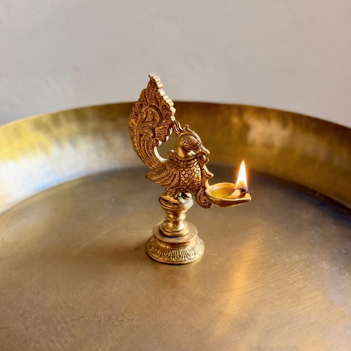 Intricately Crafted Brass Peacock Diya